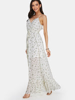 Wholesale White V-Neck Sleeveless Floral Print Backless Flounced Hem Dresses