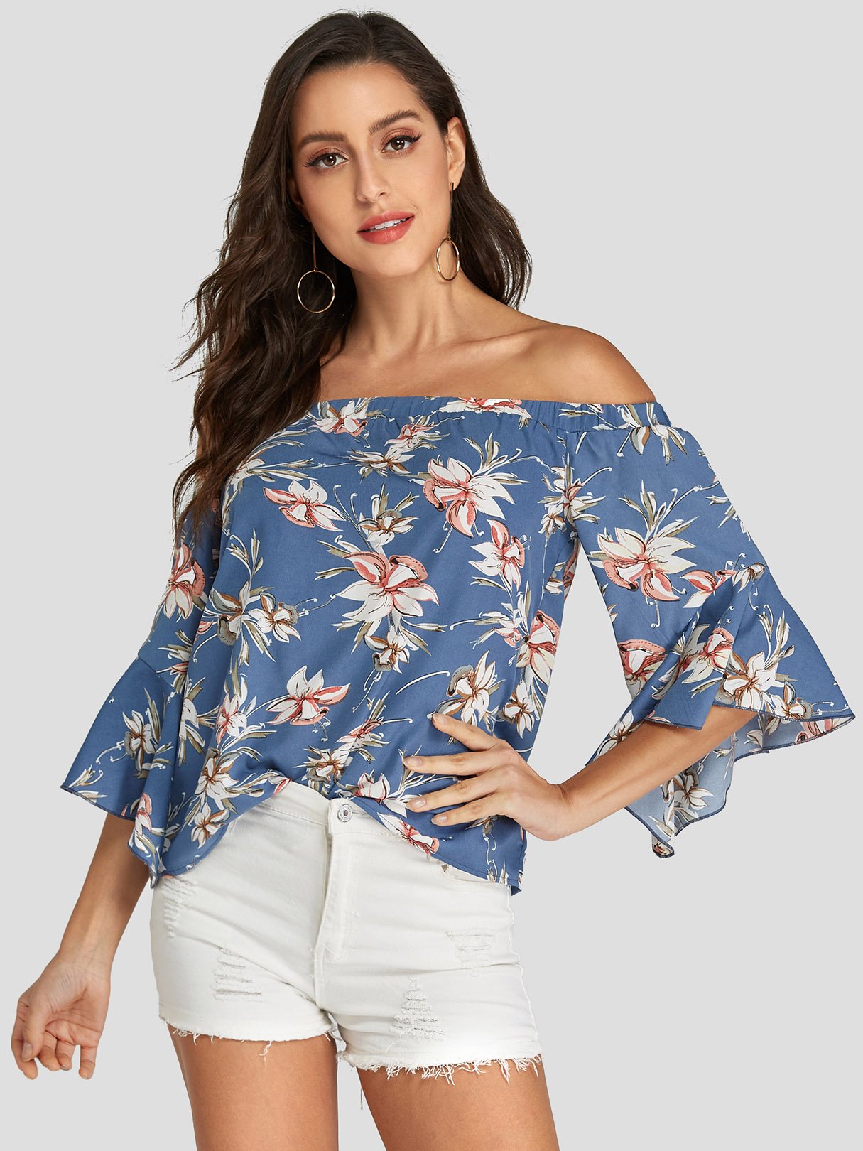 Wholesale Off The Shoulder Floral Print 3/4 Sleeve Blue Blouses