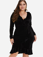 Wholesale V-Neck Plain Ruffle Trim Wrap Long Sleeve Plus Size Dress