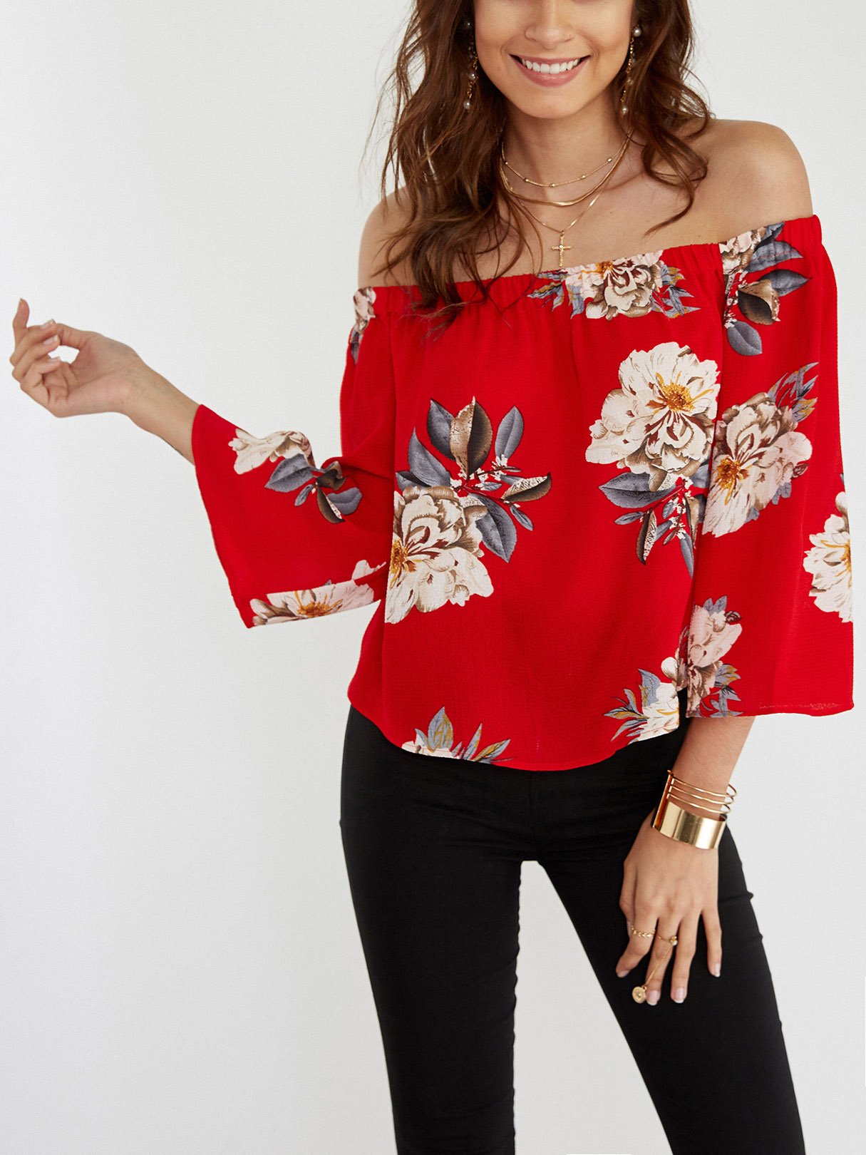Wholesale Off The Shoulder Floral Print 3/4 Sleeve Red Blouses