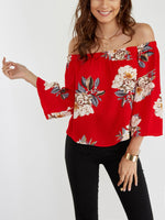 Wholesale Off The Shoulder Floral Print 3/4 Sleeve Red Blouses