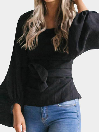 Wholesale Round Neck Tie-Up Front Lantern Long Sleeve Black Top