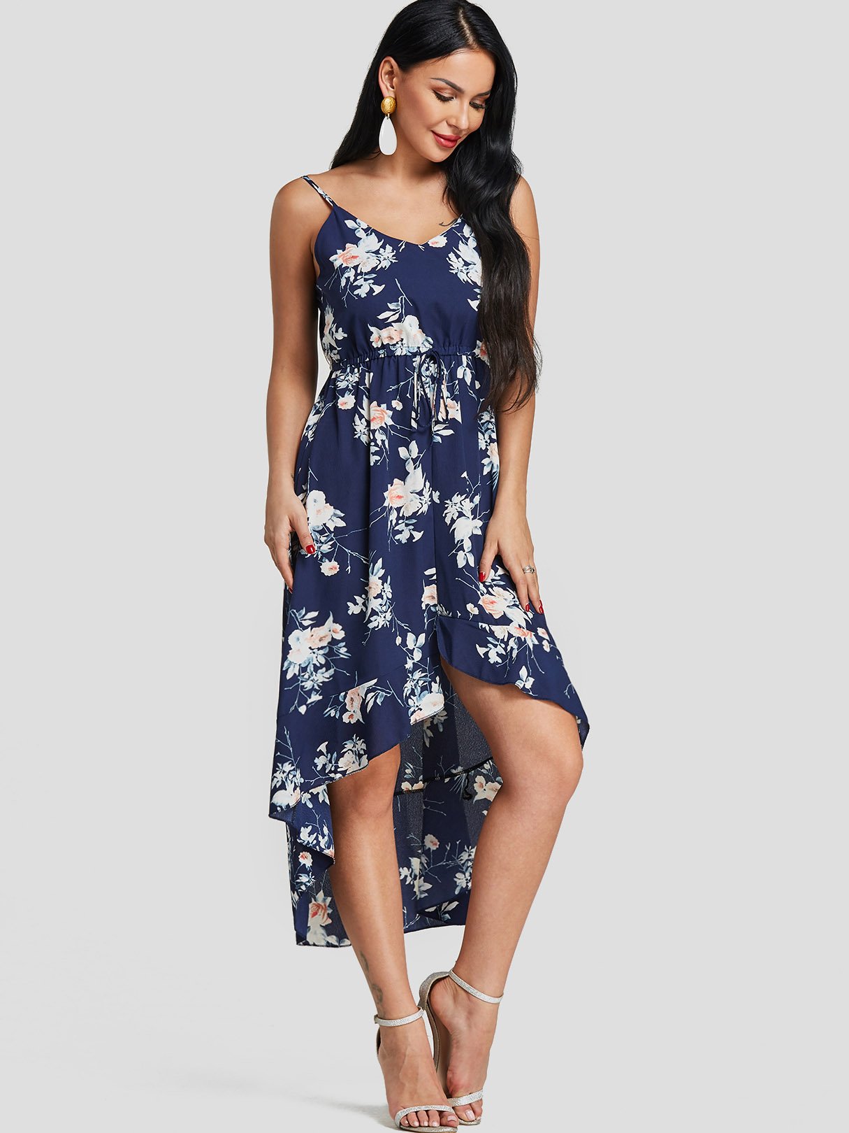 Wholesale V-Neck Sleeveless Floral Print High-Low Hem Dresses