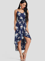 Wholesale V-Neck Sleeveless Floral Print High-Low Hem Dresses