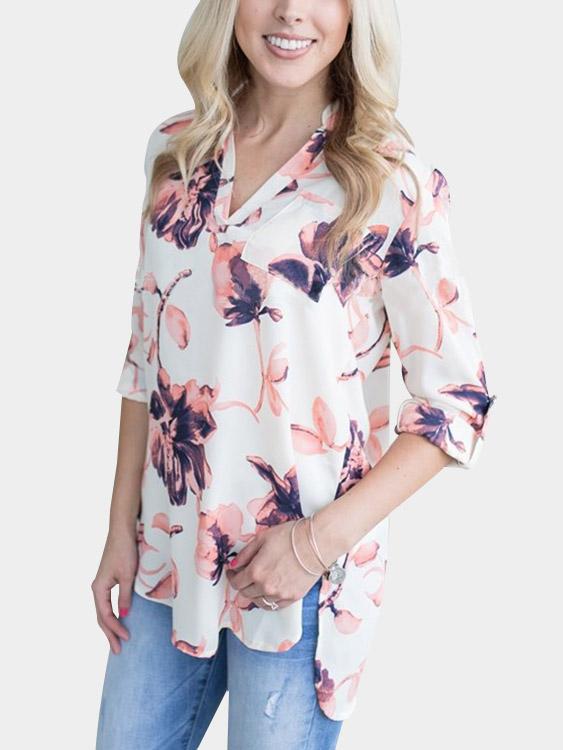 Wholesale V-Neck Floral Print Long Sleeve White Blouses