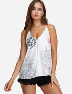 Wholesale Floral Print V-Neck Zip Back Sleeveless White Camis