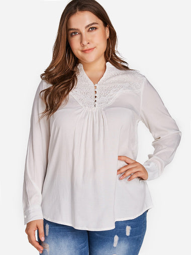 Wholesale V-Neck Plain Pleated Lace Insert Long Sleeve White Plus Size Tops
