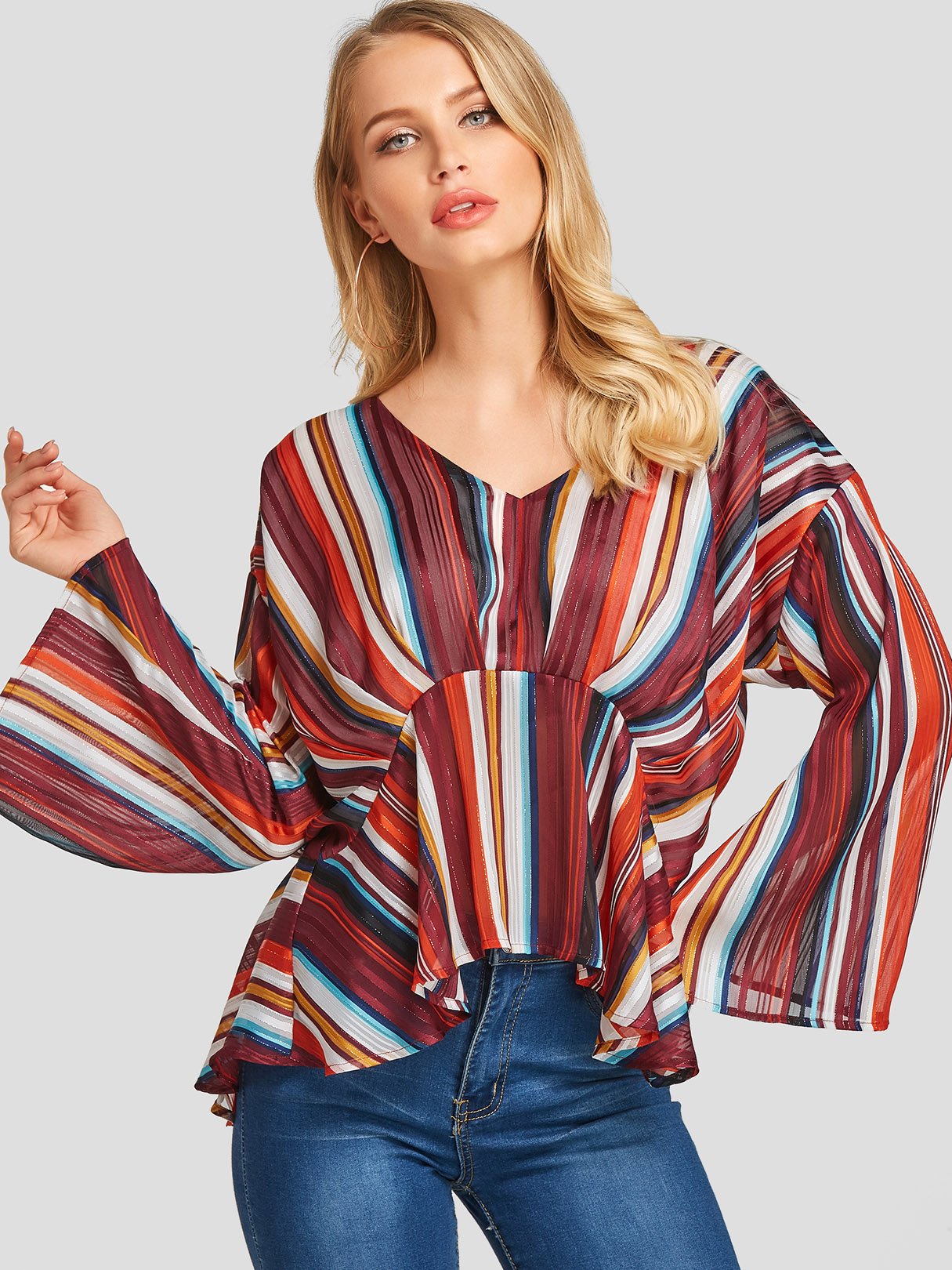 Wholesale Deep V Neck Stripe Long Sleeve Irregular Stitching Hem Blouses