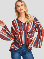 Wholesale Deep V Neck Stripe Long Sleeve Irregular Stitching Hem Blouses