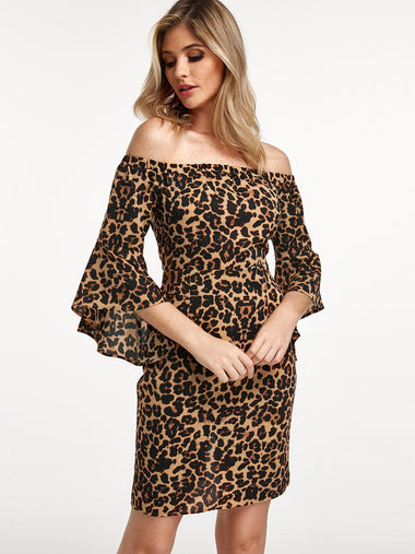 Wholesale Off The Shoulder Long Sleeve Leopard Zip Back Slit Hem Mini Dress
