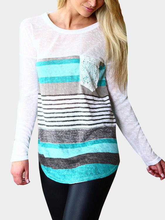 Wholesale Round Neck Stripe Lace Long Sleeve Curved Hem Blue T-Shirts