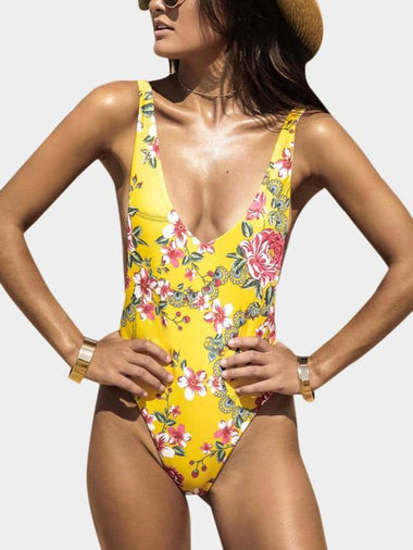 Wholesale V-Neck Sleeveless Floral Print Backless Yellow One-Pieces Swimsuit