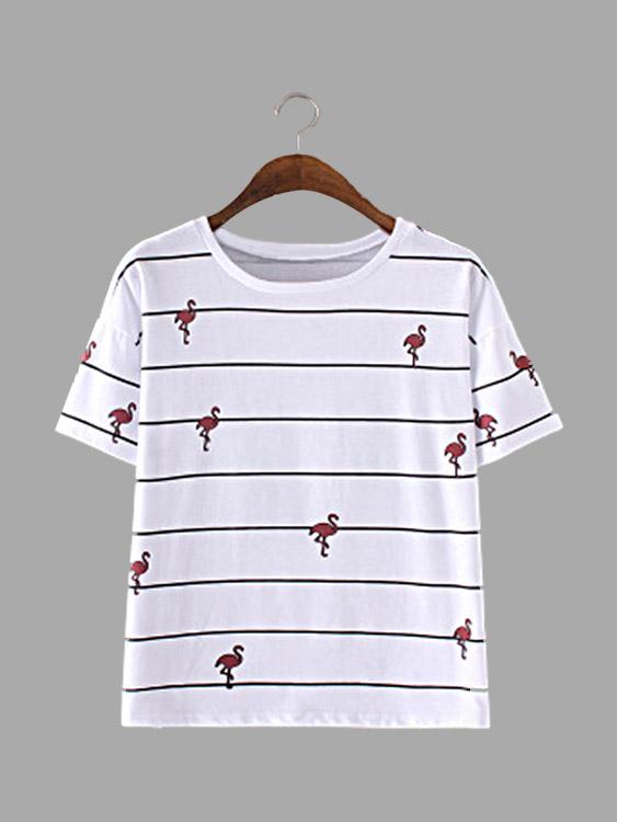 Wholesale Stripe & Animal Pattern Round Neck T-Shirt