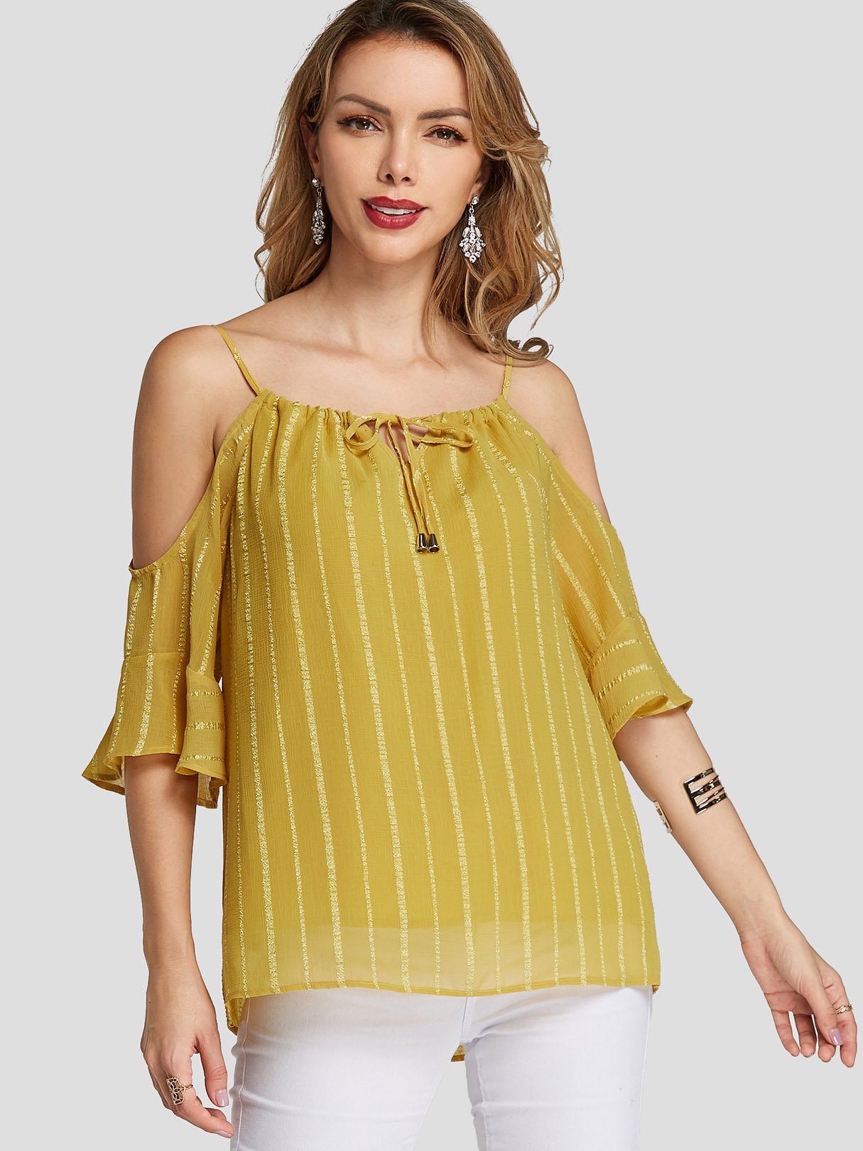 Wholesale Cold Shoulder Self-Tie Half Sleeve Yellow Blouses