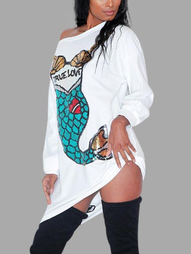 Wholesale White One Shoulder Long Sleeve Animal Casual Dresses
