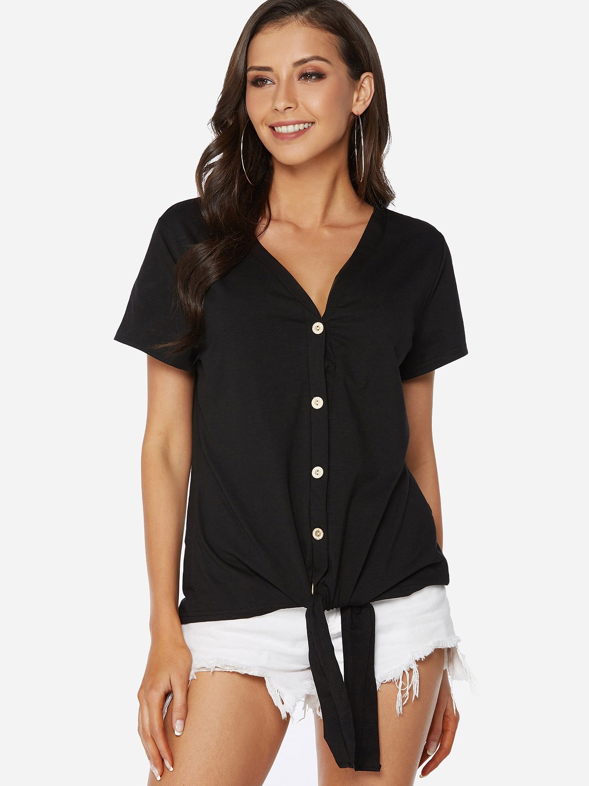 Wholesale V-Neck Plain Lace-Up Short Sleeve T-Shirts