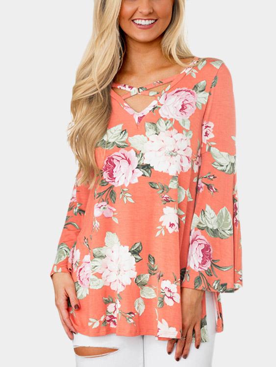 Wholesale V-Neck Floral Print Crossed Front Long Sleeve Orange T-Shirts
