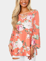 Wholesale V-Neck Floral Print Crossed Front Long Sleeve Orange T-Shirts