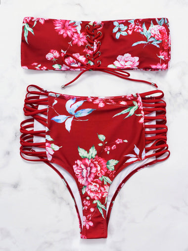 Wholesale Strapless Sleeveless Floral Print Criss-Cross High Waist 2 Piece Bikinis