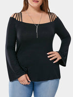Wholesale Off The Shoulder Plain Lace-Up Long Sleeve Flounced Hem Black Plus Size Tops