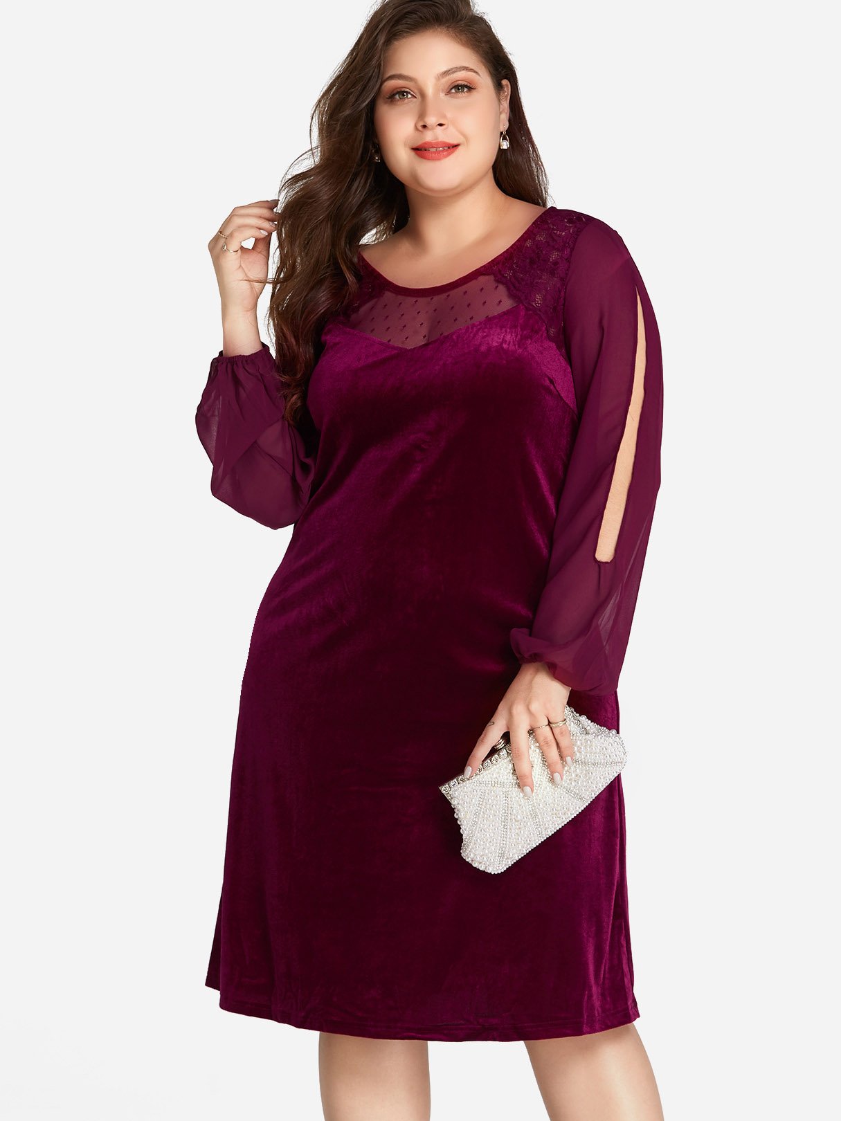 Wholesale Round Neck Polka Dot Long Sleeve Slit Hem Plus Size Dress
