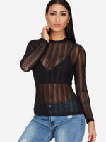 Wholesale Round Neck Plain Lace See Through Long Sleeve Black T-Shirts