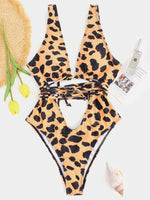 Wholesale Yellow V-Neck Sleeveless Leopard Hollow Tie-Up One-Pieces