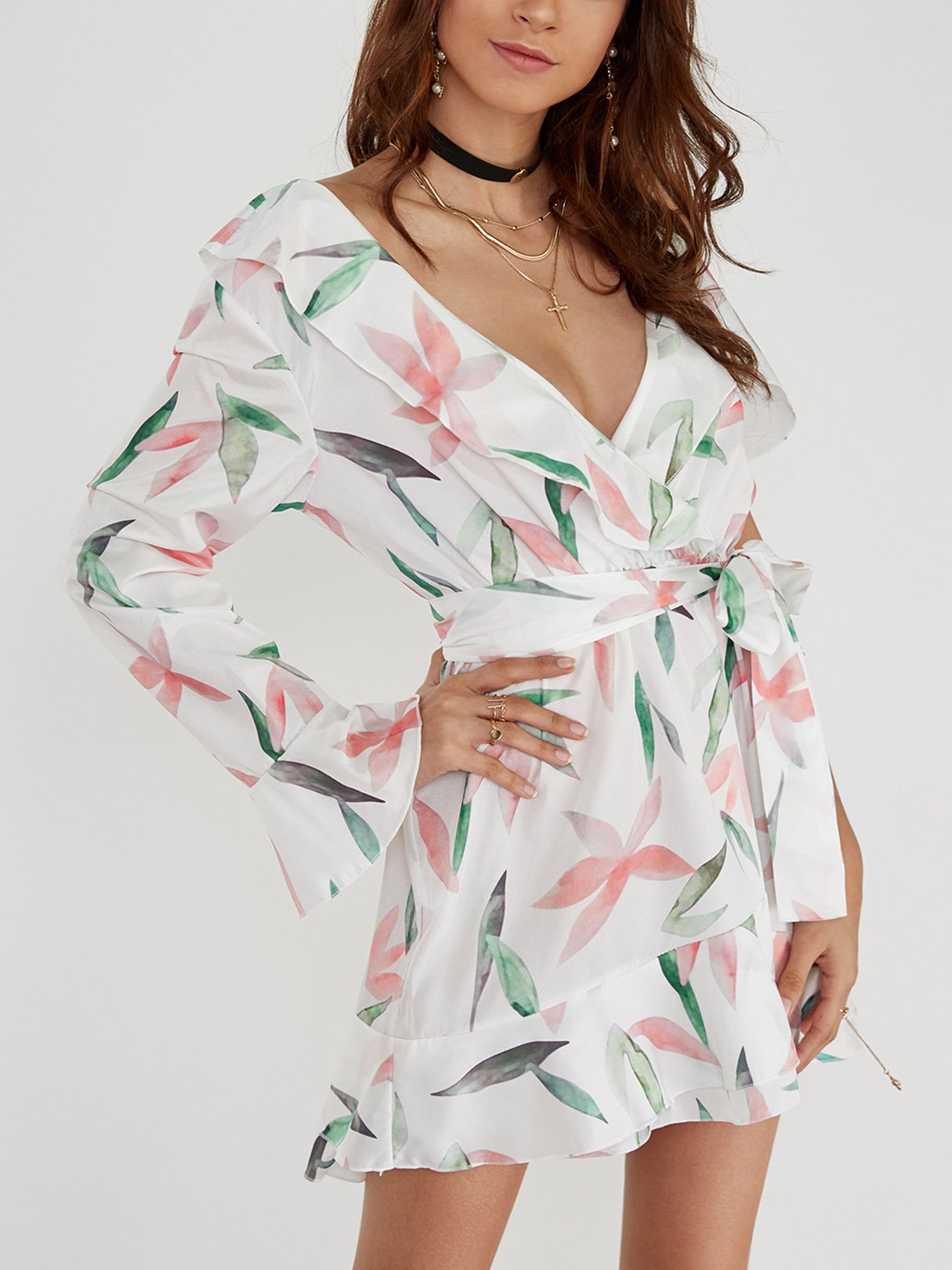 Wholesale White V-Neck Long Sleeve Floral Print Crossed Front Tiered Lace-Up Wrap Flounced Hem Dresses
