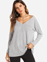 Wholesale Round Neck Plain Backless Cut Out Long Sleeve Irregular Hem Grey Top