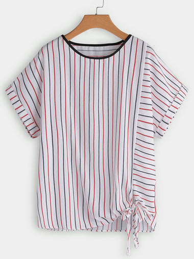 Wholesale Round Neck Stripe Self-Tie Short Sleeve Plus Size Tops
