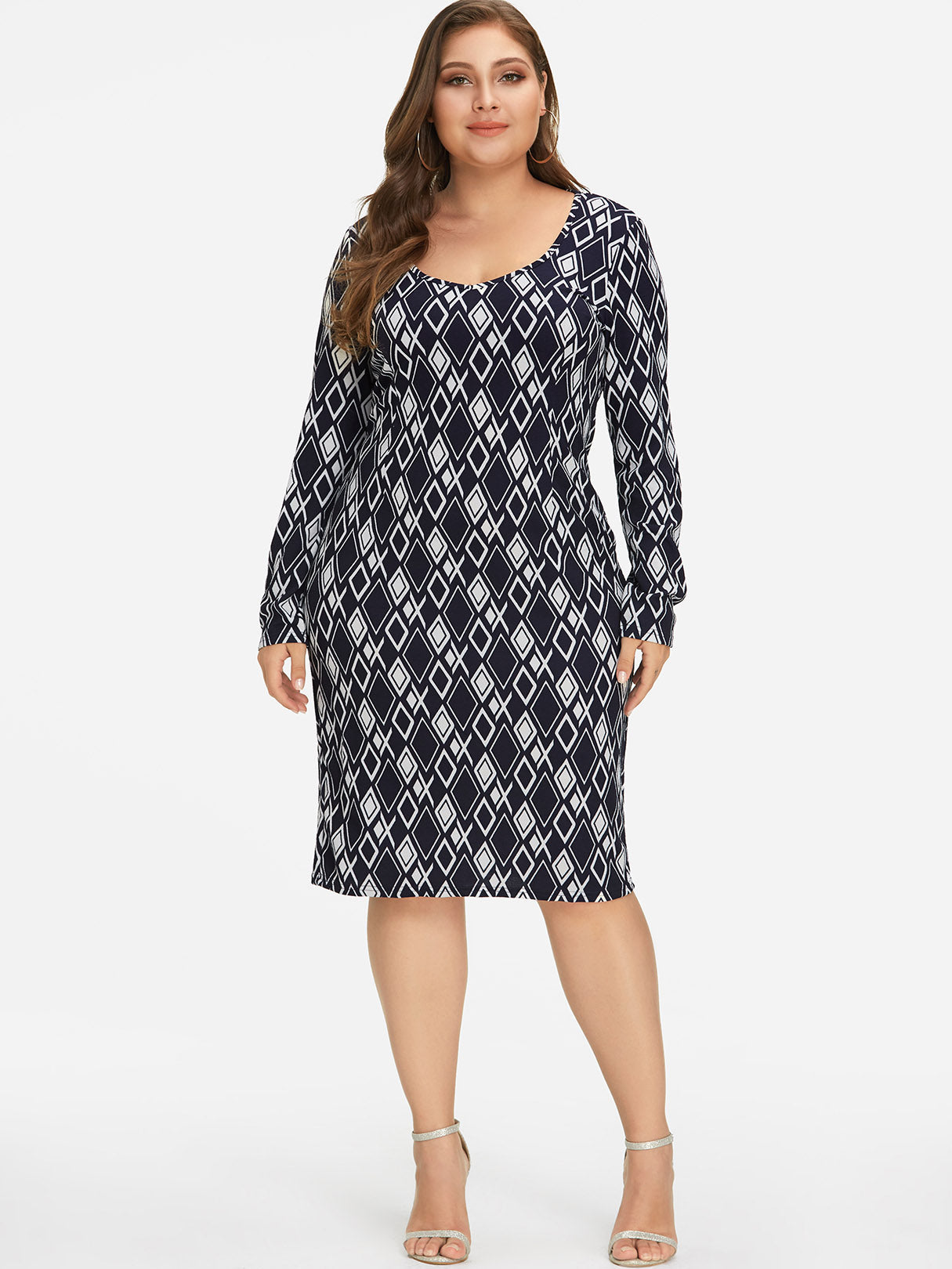Wholesale Square Neck Geometrical Long Sleeve Navy Plus Size Dress