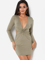 Wholesale Army Green Deep V Neck Long Sleeve Plain Cut Out Sexy Dresses