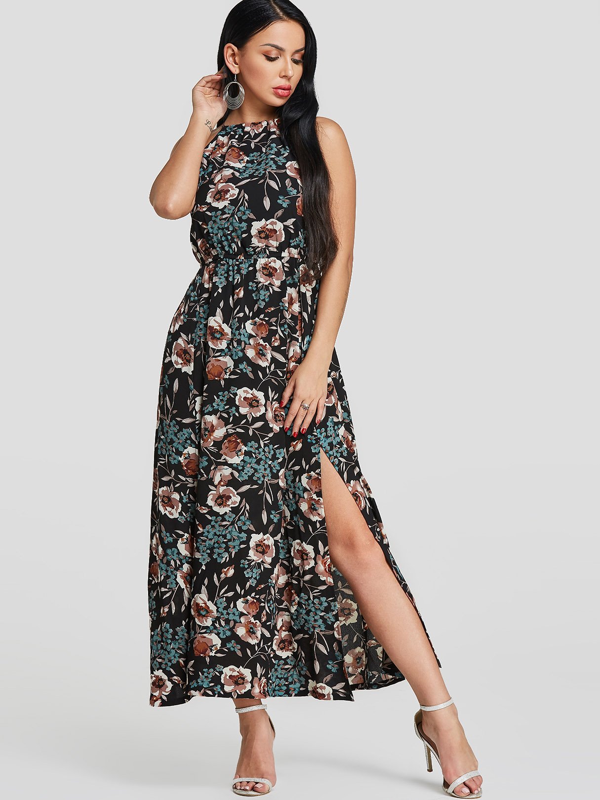 Wholesale Black Halter Sleeveless Floral Print Slit Hem Dresses