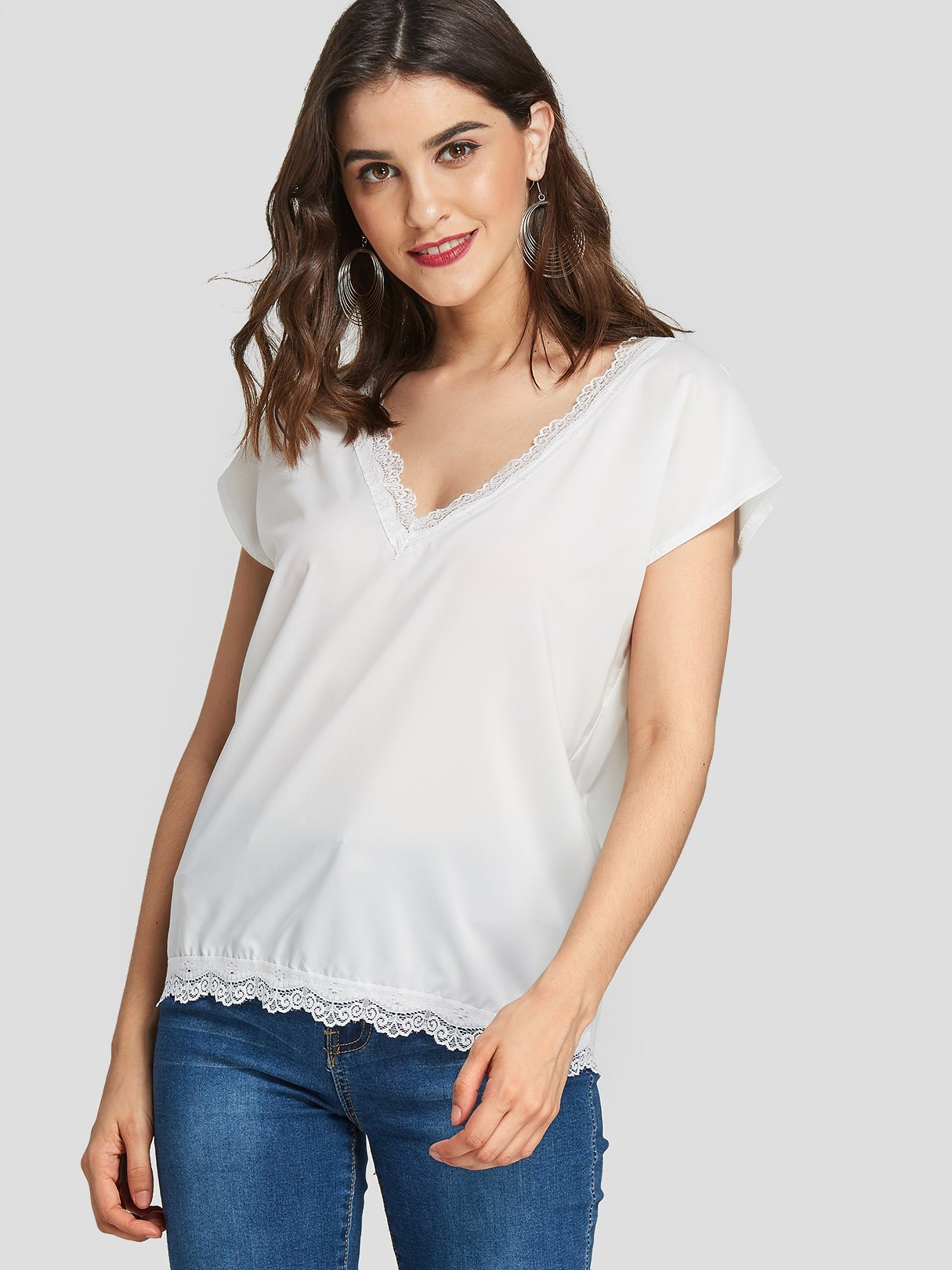 Wholesale V-Neck Plain Lace Short Sleeve T-Shirts