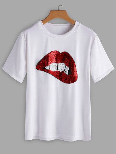 Wholesale Round Neck Sequins Embellished Short Sleeve White Plus Size Tops