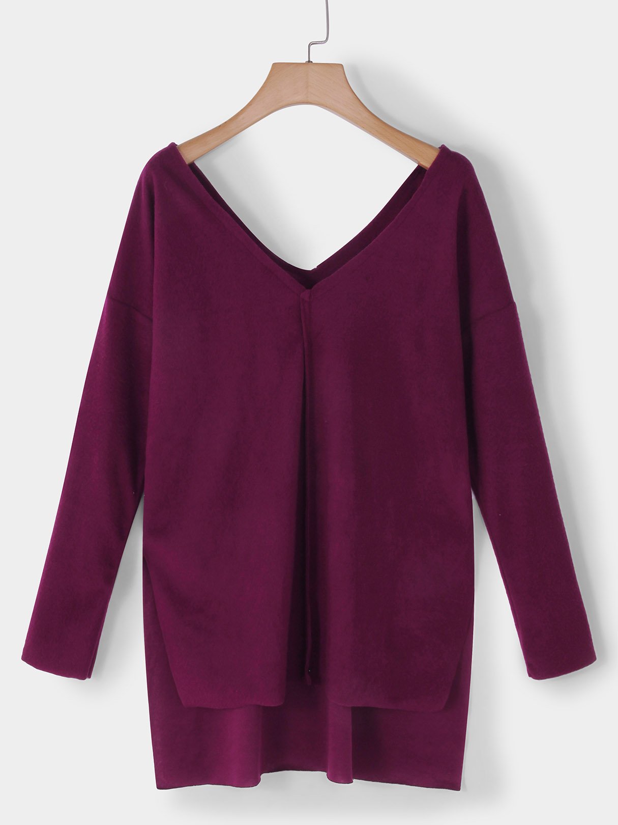 Wholesale V-Neck Plain Long Sleeve Slit Hem Burgundy T-Shirts