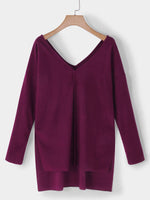 Wholesale V-Neck Plain Long Sleeve Slit Hem Burgundy T-Shirts