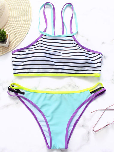 Wholesale Square Neck Sleeveless Stripe Lace-Up Slit Bikini Set