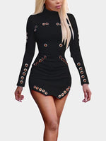 Wholesale Round Neck Long Sleeve Hollow Irregular Hem Black Mini Dress