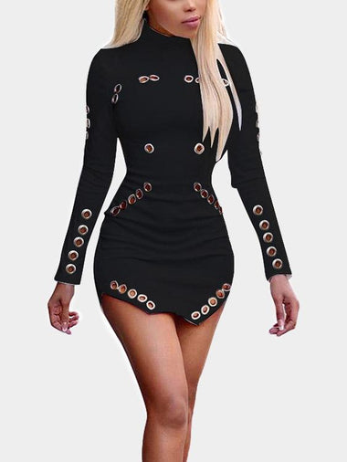 Wholesale Round Neck Long Sleeve Hollow Irregular Hem Black Mini Dress