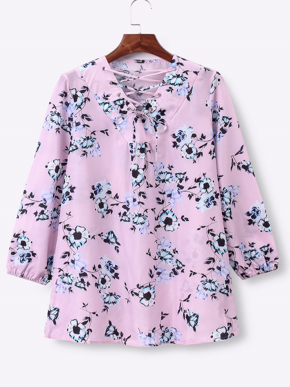 Wholesale Pink V-Neck Long Sleeve Floral Print Lace-Up Tie-Up Dresses