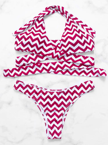 Wholesale V-Neck Stripe Printed Crossed Front Backless Tie-Up Sleeveless Red Bikinis