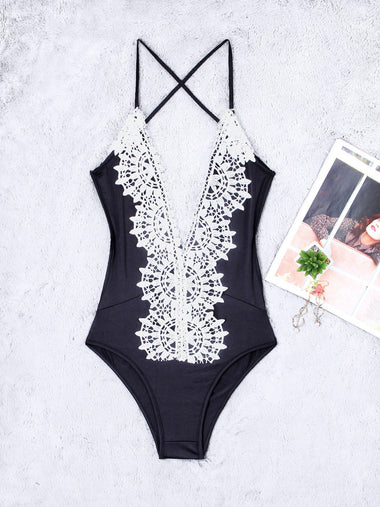 Wholesale Black Deep V Neck Sleeveless Plain Lace Backless Spaghetti Strap One-Pieces Swimsuits