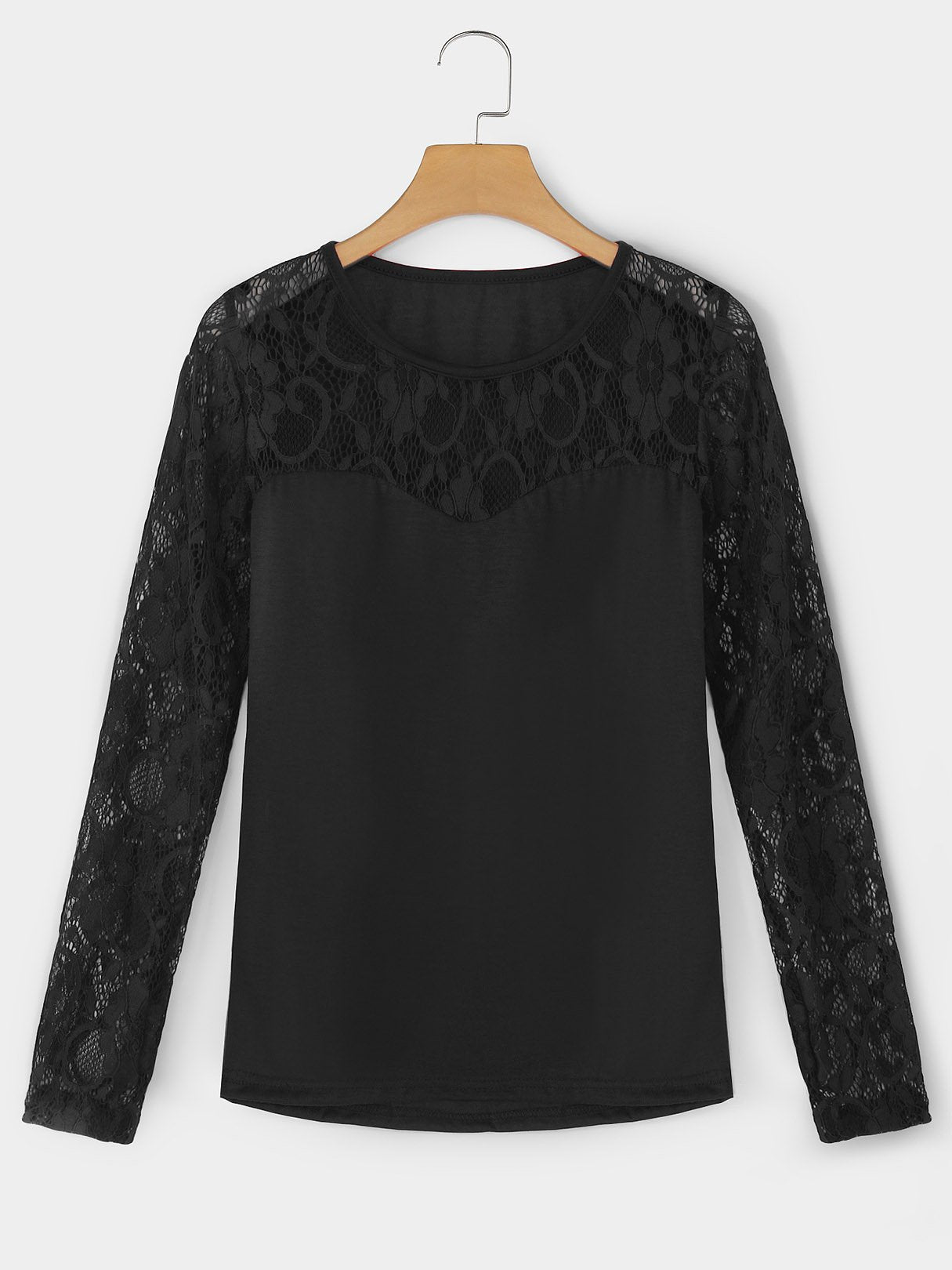 Wholesale Round Neck Lace Long Sleeve Black Tees
