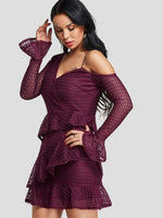 Wholesale Burgundy Asymmetrical Long Sleeve Backless Spaghetti Strap Ruffle Hem Sexy Dresses