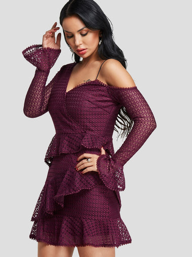 Wholesale Burgundy Asymmetrical Long Sleeve Backless Spaghetti Strap Ruffle Hem Sexy Dresses