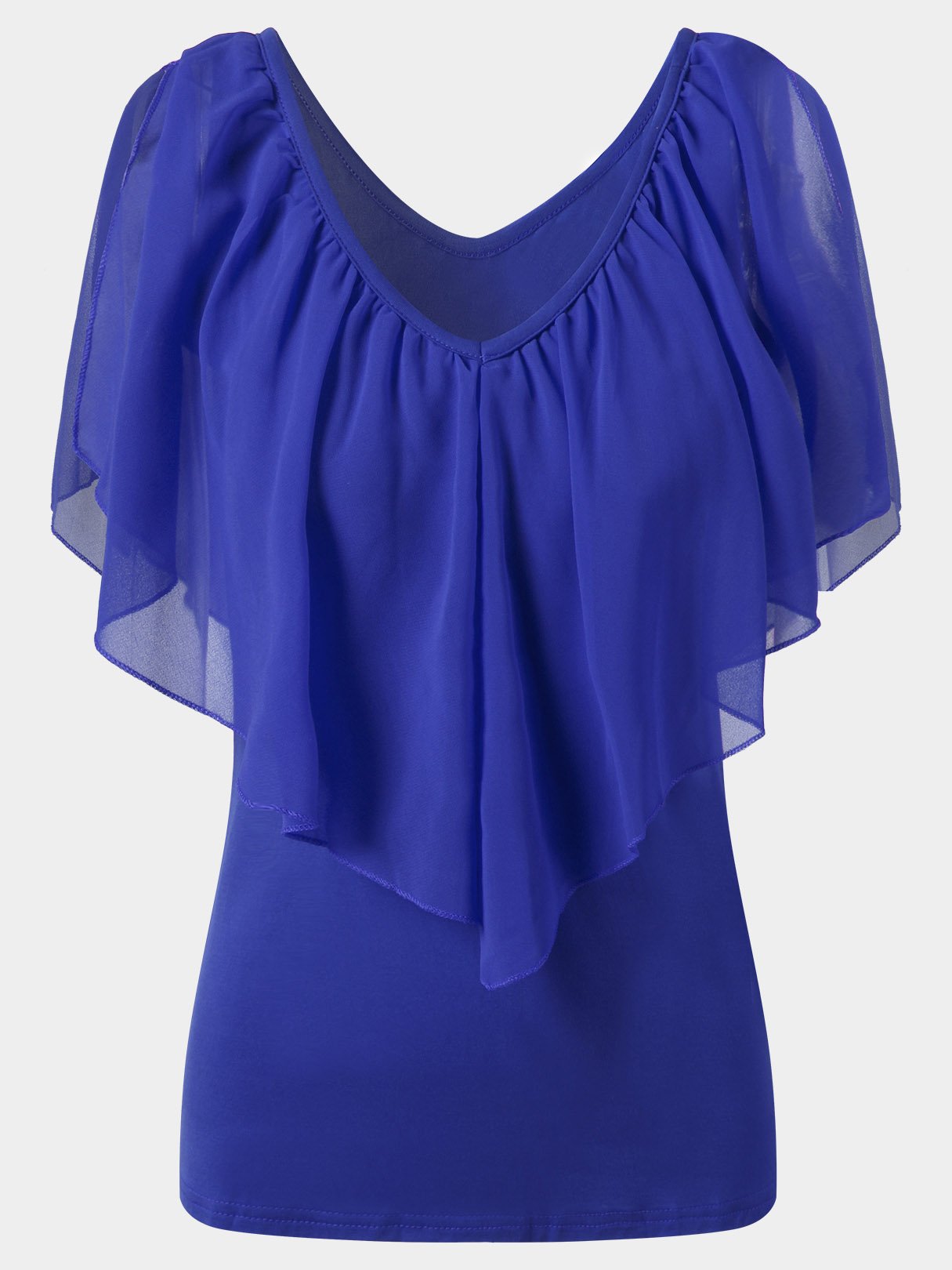 Wholesale V-Neck Cold Shoulder Plain Tiered Short Sleeve Blue Blouses
