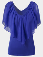 Wholesale V-Neck Cold Shoulder Plain Tiered Short Sleeve Blue Blouses