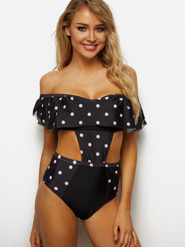 Wholesale Black Off The Shoulder Short Sleeve Polka Dot Cut Out One-Pieces