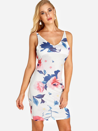 Wholesale White V-Neck Sleeveless Floral Print Fashion Mini Dress